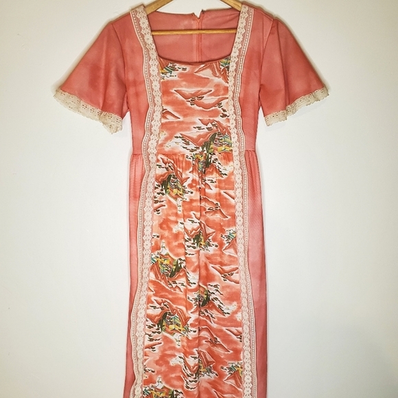 Salmon Vintage Long Dress with Hawaii Print, Lace Trim and Tie Waist - Picture 2 of 15